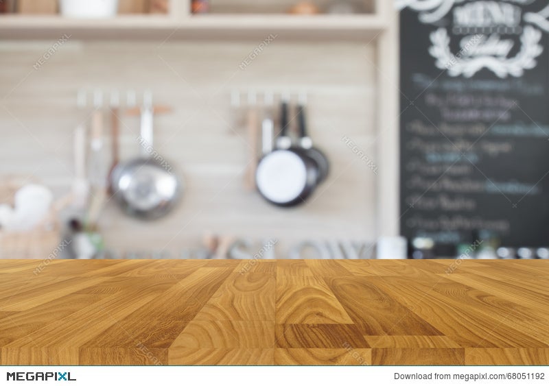 Wood Table Top With Blur Kitchen Background Stock Photo 68051192 - Megapixl