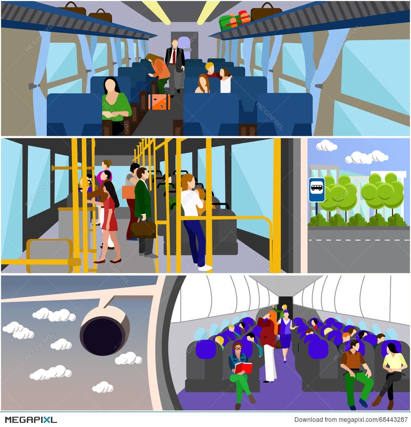 Passengers Public Transport Concept Vector Banners Set. People In Bus,  Train And Airplane Illustration 68443287 - Megapixl