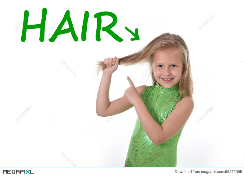 Cute Little Girl Pulling Blonde Hair In Body Parts Learning