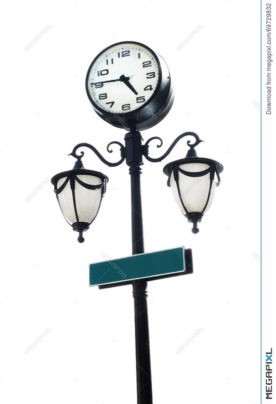 Black Lamppost With Round Clock And Green Copy Space Signage