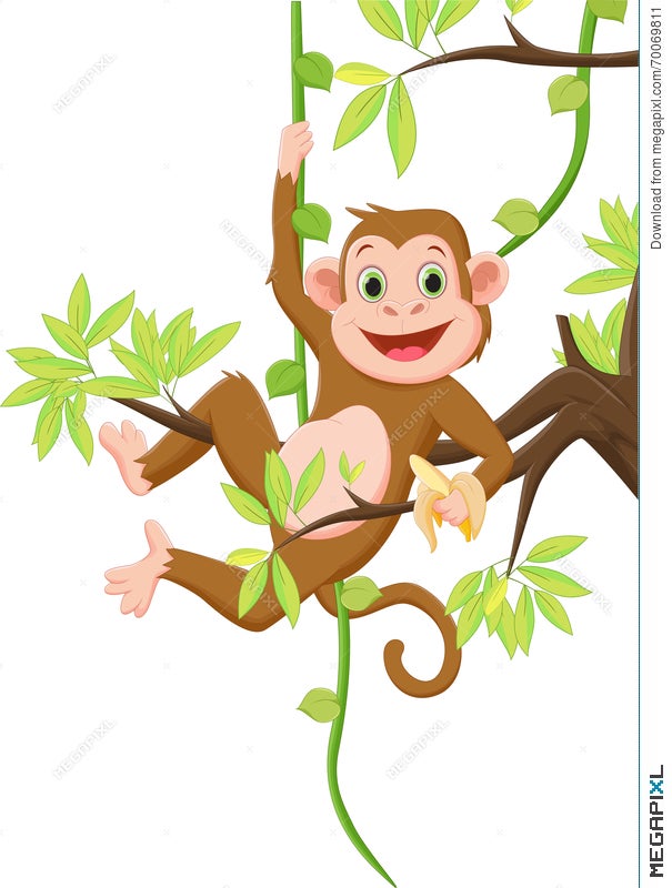 cute cartoon monkey hanging from a tree