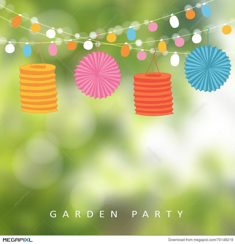 Birthday Garden Party Or Brazilian June Party, Illustration With String Of  Lights, Paper Lanterns, Blurred Background Illustration 70148219 - Megapixl