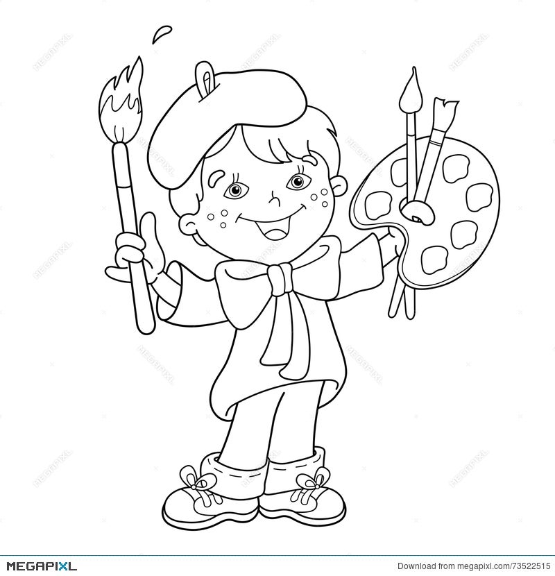 Coloring Page Outline Of cartoon boy with brush and paints. Little