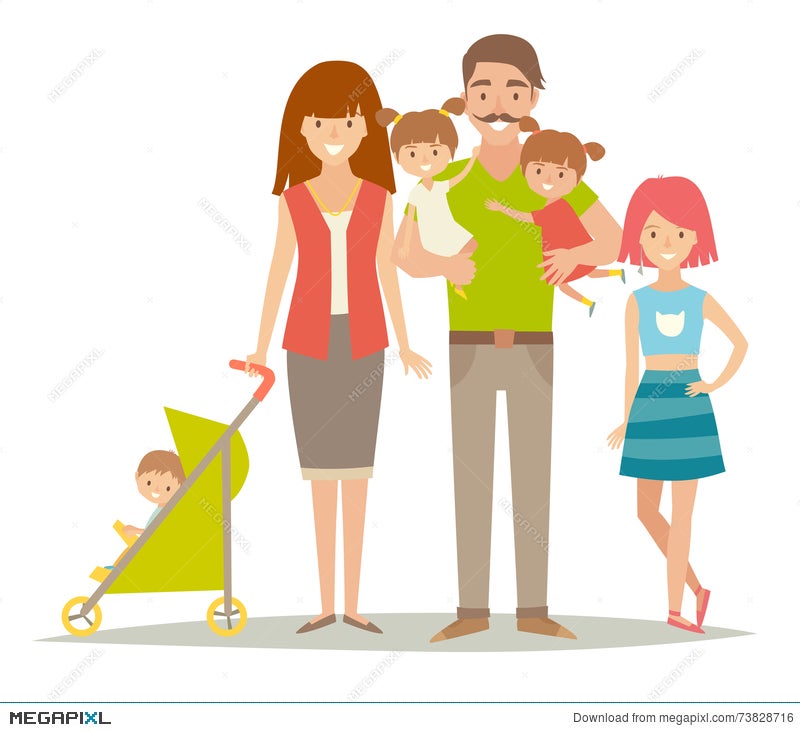 Happy Family. Family With Twins Kids. Cartoon Characters Family. Family:  Mother,Father, Brother, Sisters, Twins Illustration 73828716 - Megapixl