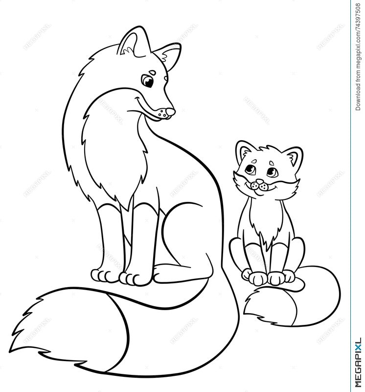 Coloring Pages Wild Animals Mother Fox With Her Little Cute Baby Illustration 74397508 Megapixl