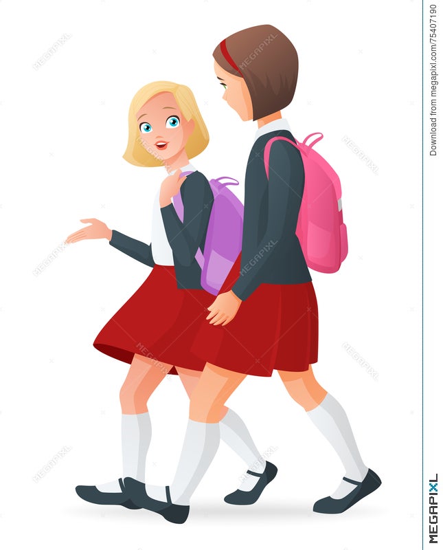 Two Girls In Uniform Talking And Walking To School. Illustration 75407190 -  Megapixl