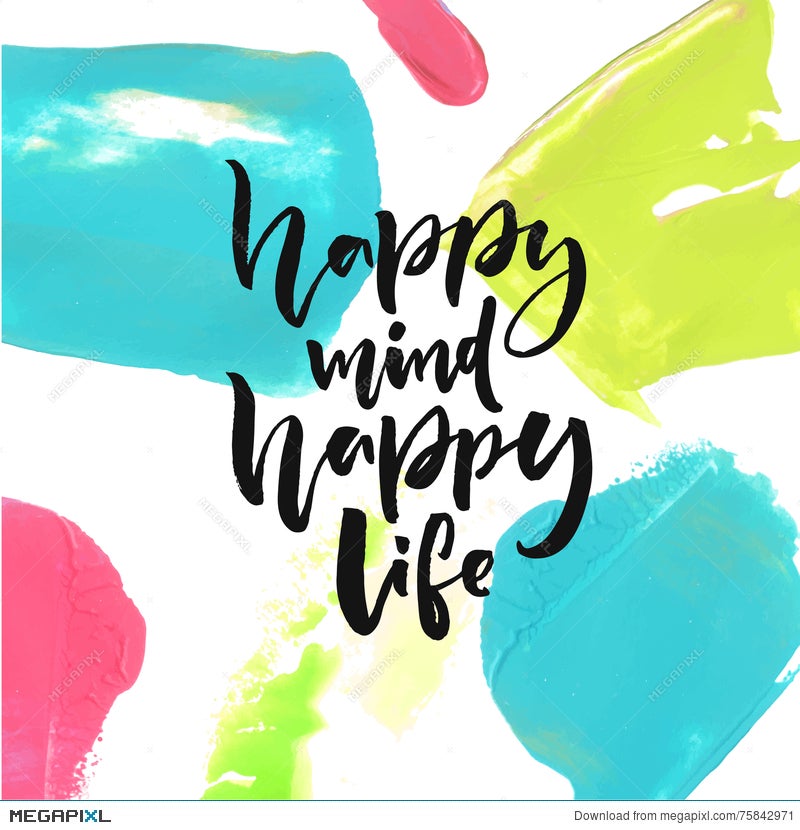 Happy Mind Happy Life Swirl Inspirational Quote Print Blue Watercolour Poster