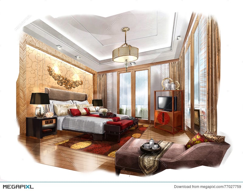 Sketch Perspective Interior Bedroom Into A Watercolor On