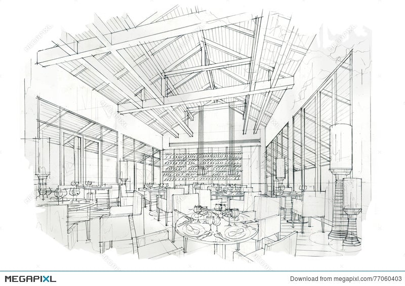 Sketch Perspective Interior Restaurant Black And White Interior