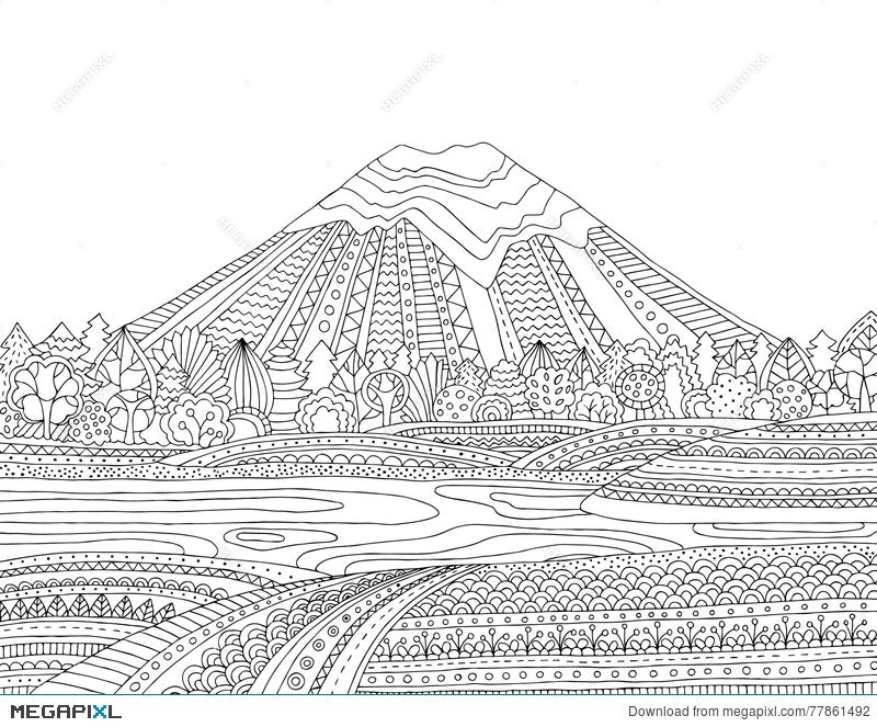 printable coloring page for adults with mountain landscape lake flower meadow forest trees hand drawn vector illustration 77861492 megapixl