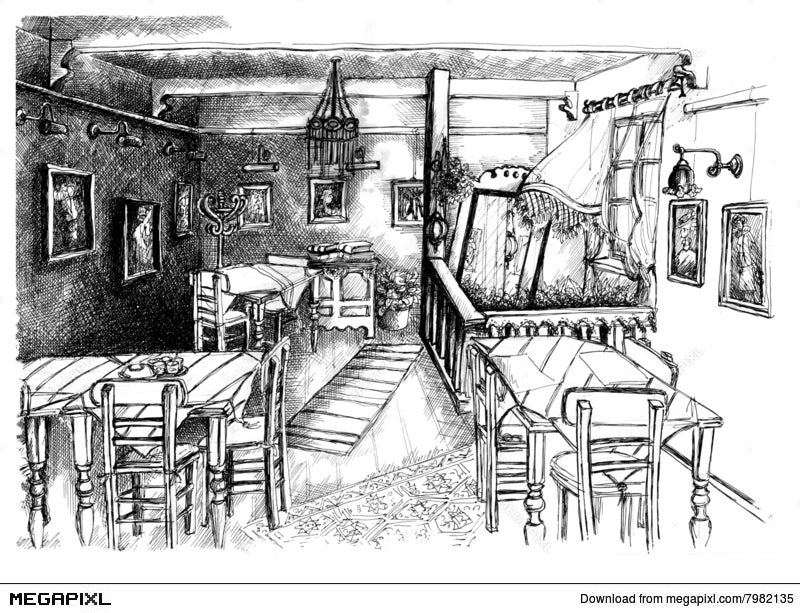 Hand Drawn Illustration of Restaurant Interior Design Stock Vector -  Illustration of lifestyle, drawing: 88659405