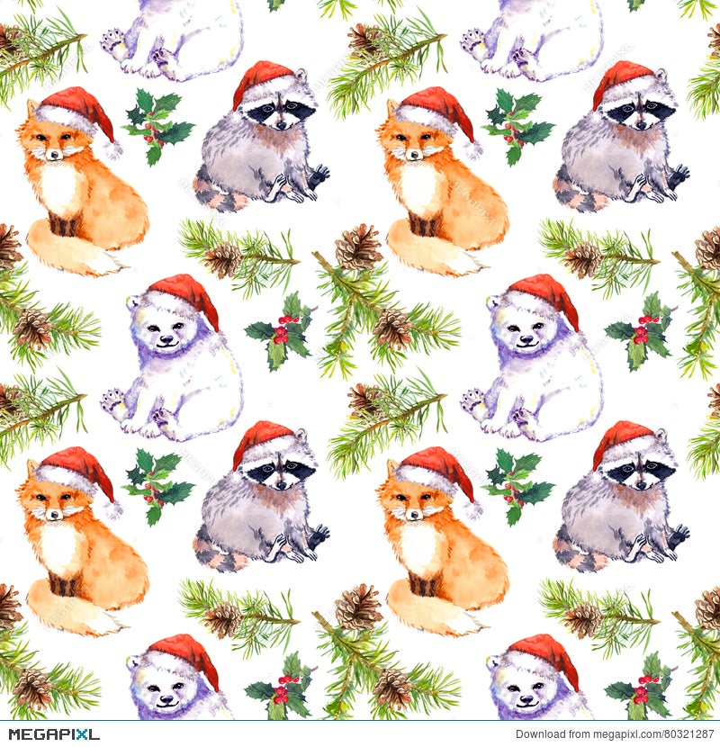 Download Christmas Background Cute Animals In Red Santa S Hats Pine Branches Repeating Pattern Watercolor Illustration 80321287 Megapixl 3D SVG Files Ideas | SVG, Paper Crafts, SVG File