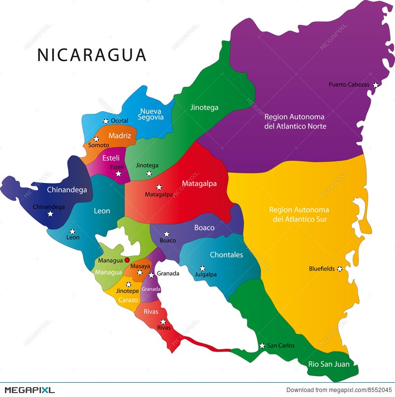 Map Of Nicaragua With Cities Nicaragua Map Illustration 8552045 - Megapixl