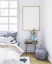Poster mockup in bedroom. Empty frame in interior.