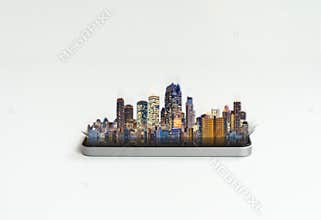 Mobile smart phone and buildings hologram technology. Augmented reality technology, smart city innovation and building technology