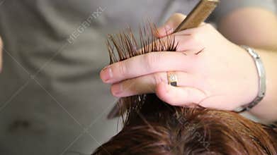 Barber Cutting Woman`s Hair.