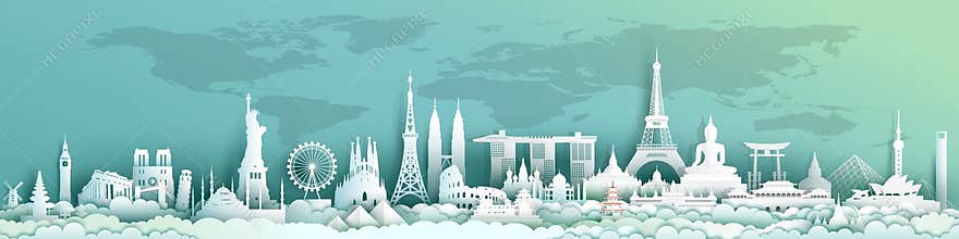 Travel landmarks world with world map background
