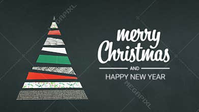 Overhead person hands creating original christmas tree decoration made of gift wraps on dark table.Merry xmas and happy