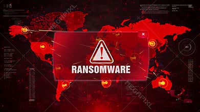 Ransomware alert warning attack on screen world map.
