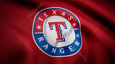 USA - NEW YORK, 12 August 2018: Waving flag with Texas Rangers professional team logo. Close-up of waving flag with
