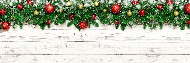 Christmas banner on white wooden background with snow, snowflake, fir tree branches. Xmas decoration top view with copy space
