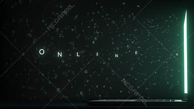 Letters leaving laptop display form ONLINE DATING text. 3D animation