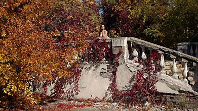 A beautiful girl in a long silver dress walks in an old abandoned park in autumn