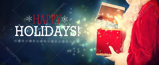 Happy holidays message with Santa opening a gift box