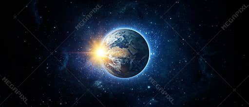 Panoramic view of the Earth, sun, star and galaxy.