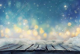Winter design. Christmas background with Frozen table. Blurred