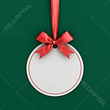 Blank white paper round christmas ball frame tag label card template hanging with shiny red ribbon and bow