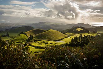 Beautiful nature view on Azores islands, green nature fields and hills.