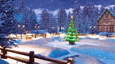 Snowy alpine mountain township at Christmas night