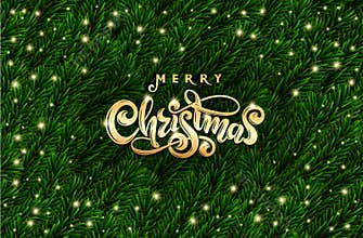 Golden Text Merry Christmas. Realistic green spruce tree branches. Vector festive Fir branches frame. Xmas lettering.