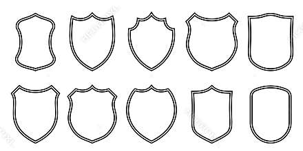 Badge patches vector outline templates. Sport club, military or heraldic shield and coat of arms blank icons