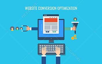 Website conversion optimization, inbound marketing strategy, sales funnel, money, content promotion. Flat design vector banner.