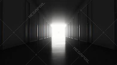 Seamless motion through the dark corridor with many closed doors to the bright white exit. Looped 3d animation light in