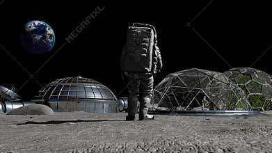 Sci-fi scene. The colony of the future on the moon. Astronaut walking on the moon.
