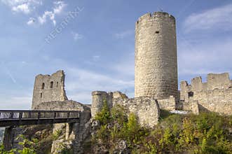 Burgruine Wolfstein old castle ruins with tower, blue sky