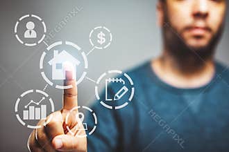 real estate concept, property value diagram, with a man in background touching a button, buy a house