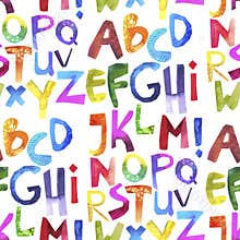 Watercolor seamless pattern with colorful alphabet on white