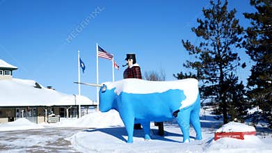 BEMIDJI, MN - 8 FEB 2019: Statue of Paul Bunyan and Babe the Blue Ox, Legendary Lumberjack.
