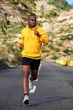 Full body african american fitness man running on street