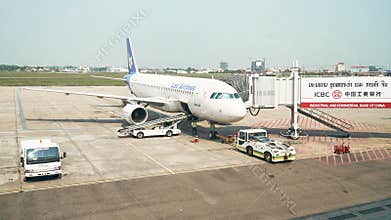 Vientiane, Laos - 2019-03-02: Lao Airlines Parked in Wattay International Airport in the Gateway Ready for Served Passengers.
