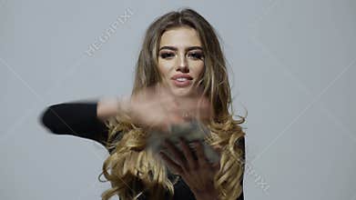 Gorgeous money winning cash money. Portrait of carefree girlfriend, student wasting stack of much money, winner in