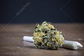 High-Quality Potent Marijuana Bud With Weed Joint On Wood Table With Dark Background. Selective Focus Macro Close Up