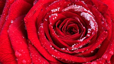 Blossoming red rose with hoarfrost, timelapse footage