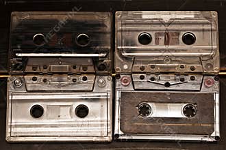 Old stereo cassette tapes with music records songs listen