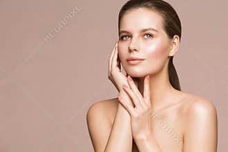 Woman Beauty Portrait, Model Touching Face, Beautiful Girl Skin Care and Treatment