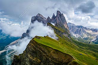 Wonderful landscape of the Dolomites Alps. Odle mountain range, Seceda peak in Dolomites, Italy. Artistic picture. Beauty world